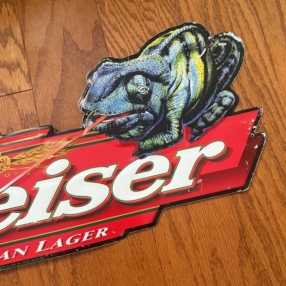 VINTAGE BUDWEISER LIZARDS FROG METAL SIGN 31 in X 9 in
